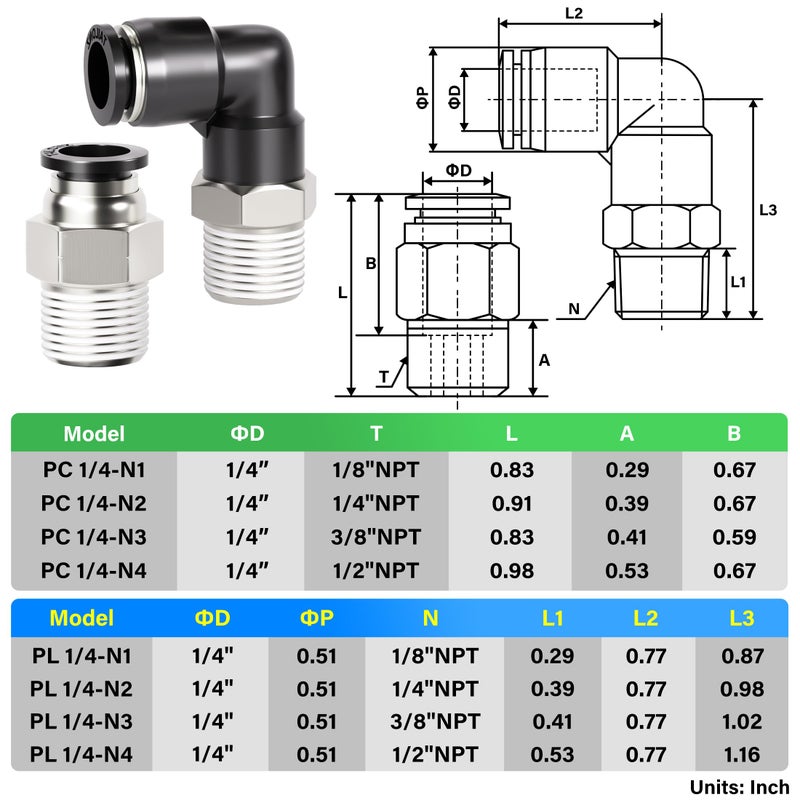 TAILONZ PNEUMATIC Elbow and Straight Combination 1/4 Inch Tube OD x 1/8 Inch NPT Thread Push to Connect Fittings PC-1/4-N1+PL-1/4-N1(Pack of 12) - Image 2